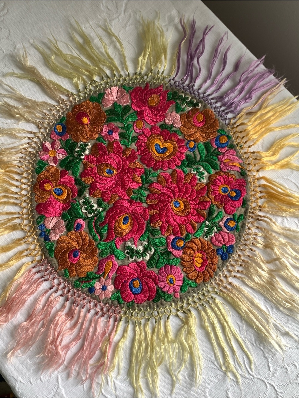 Vintage Hungarian Matyo Silk Embroidered Doily Table Cover